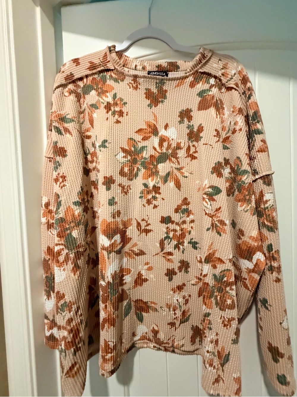 HEIMISH USA Beige Floral Waffle-Knit Crew Sweater with Rust & Green
